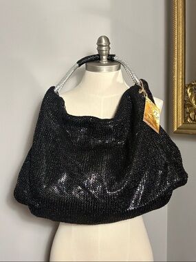 NEW Sun n Sand Black Mesh Hobo Handbag with Silver Rope Handles NWT